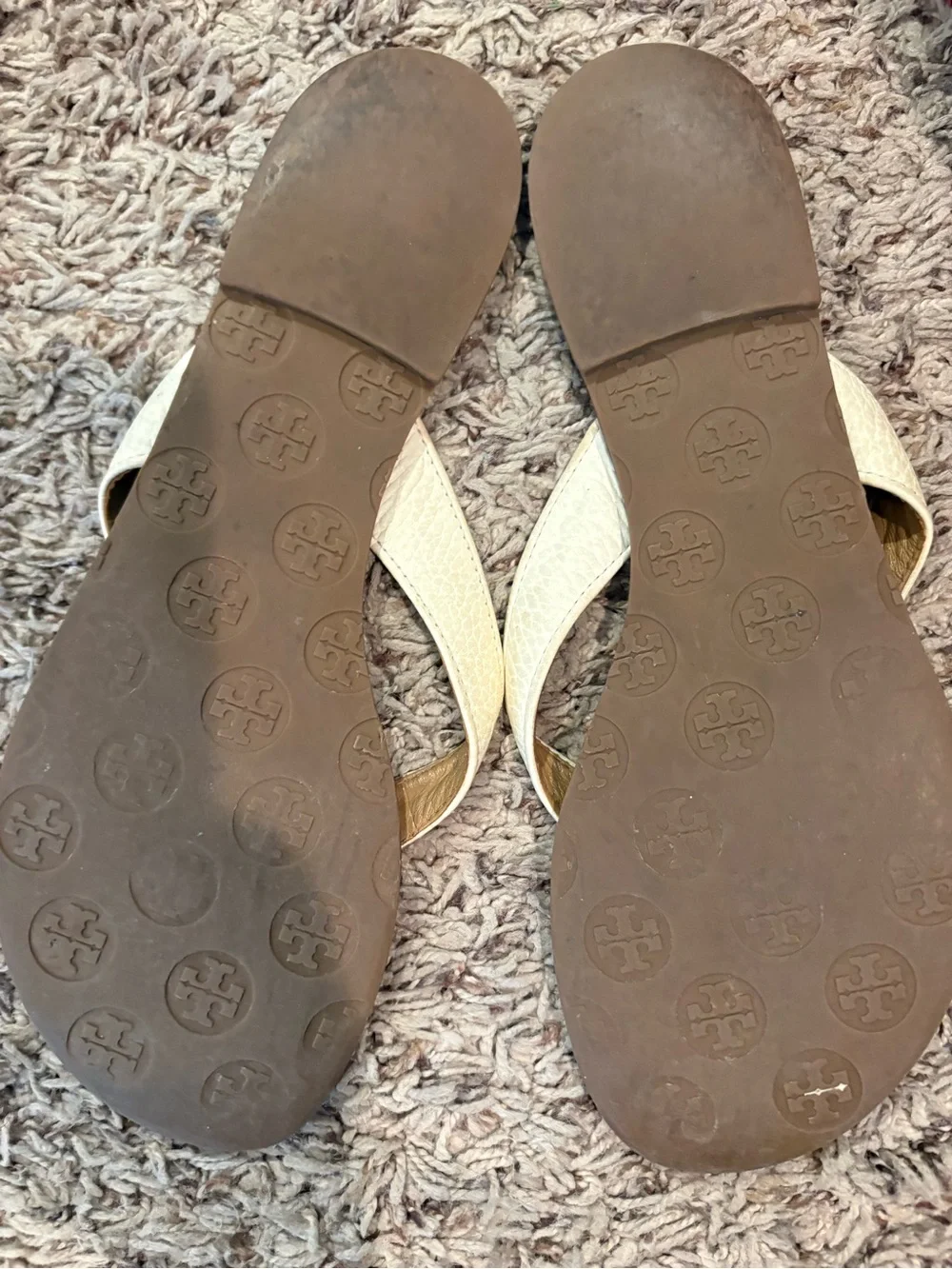 Tory Burch Thora Cream Leather Logo Thong Sandals with Gold Emblem